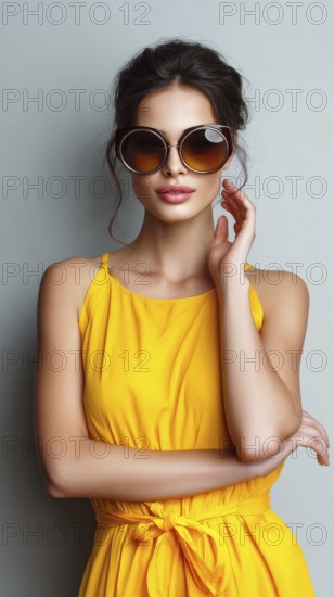 Fashion beautiful lady poses in fashionable modern clothes on yellow background. Model poses