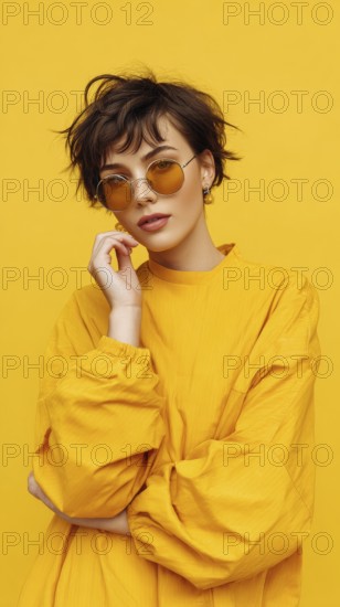 Fashion beautiful lady poses in fashionable modern clothes on yellow background. Model poses