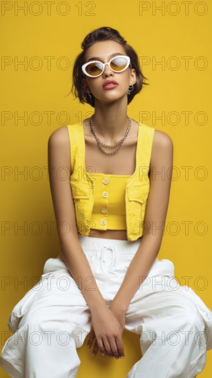 Fashion beautiful lady poses in fashionable modern clothes on yellow background. Model poses