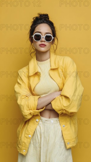 Fashion beautiful lady poses in fashionable modern clothes on yellow background. Model poses