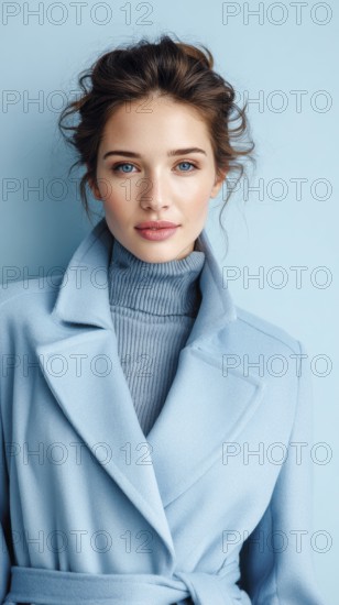 Fashion portrait of young elegant woman in blue coat. on light blue background. Model poses showing