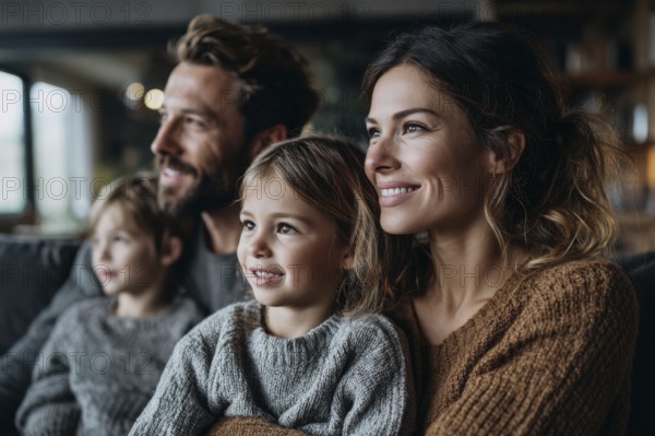 Family with children enjoying home entertainment and watching movie from streaming platform, AI