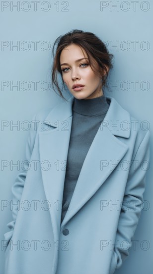 Fashion portrait of young elegant woman in blue coat. on light blue background. Model poses showing