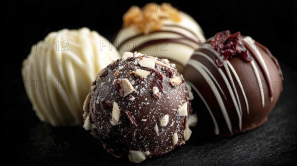 Elegant Dark and White Chocolate Truffles on Black Background. Healthy diet and healthy lifestyle,
