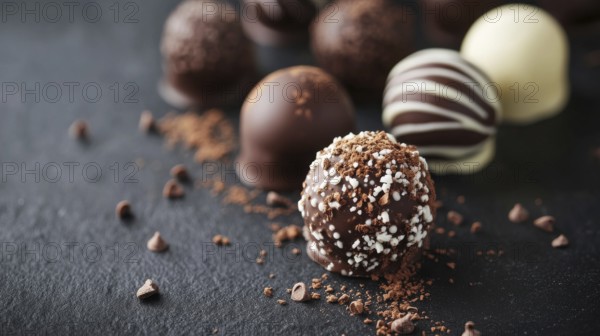 Elegant Dark and White Chocolate Truffles on Black Background. Healthy diet and healthy lifestyle,