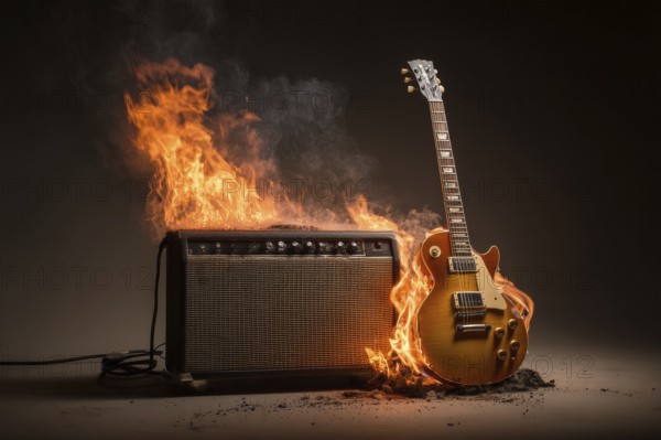 Concept of rock and roll and heavy metal music illustrated by burning guitar and amplifier, AI