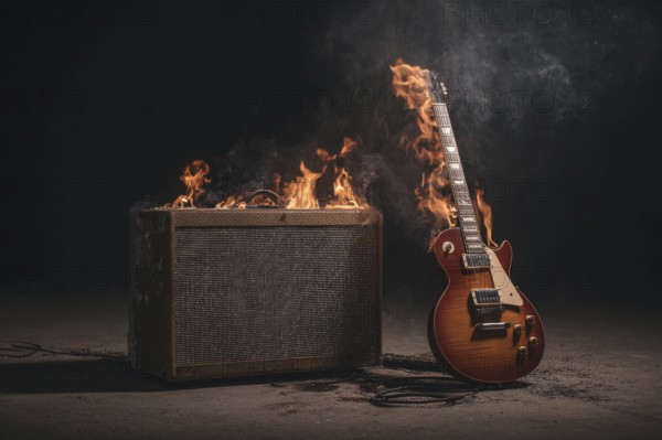 Concept of rock and roll and heavy metal music illustrated by burning guitar and amplifier, AI