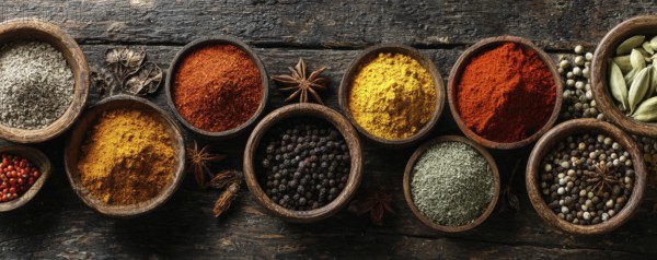 Different spices in bowls on table on rustic dark wooden background. Indian colorful spices for