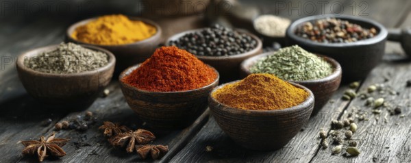 Different spices in bowls on table on rustic dark wooden background. Indian colorful spices for