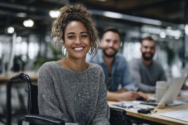 Disabled person in a diverse environment performing work activities in corporate environment, AI