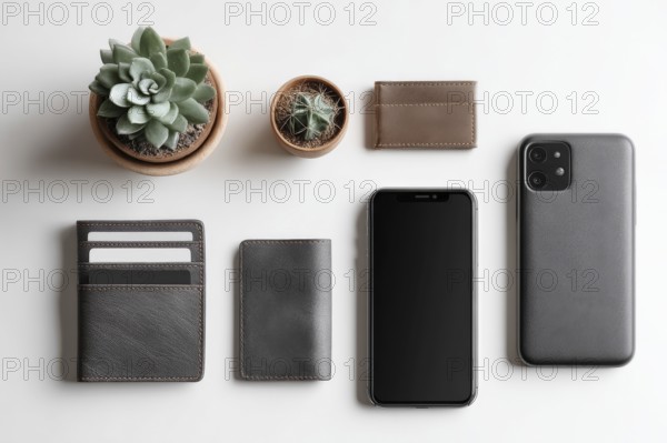 Payment accessories in a flat lay view arranged on a table. Cards, digital wallets and phone