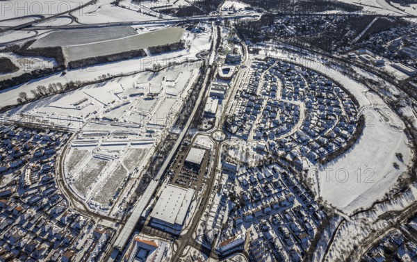 Aerial view, new housing estate Angerbogen, Am Alten Angerbach, construction area planned