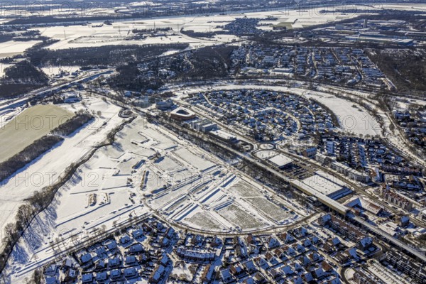 Aerial view, new housing estate Angerbogen, Am Alten Angerbach, construction area planned