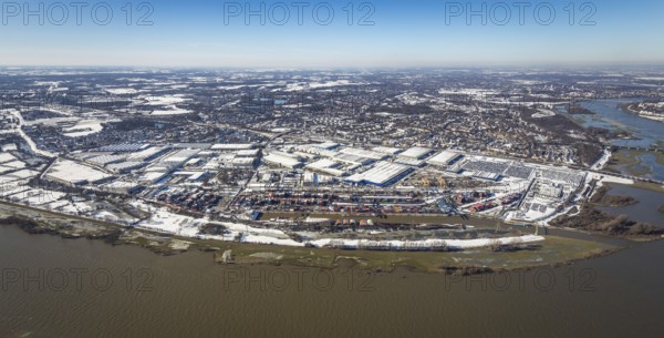 Aerial view, river Ruhr, logport I, terminal, container harbour, DIT Duisburg Intermodal Terminal