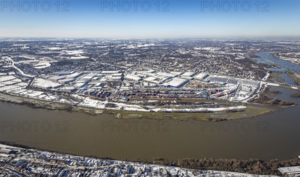 Aerial view, river Ruhr, logport I, terminal, container harbour, DIT Duisburg Intermodal Terminal