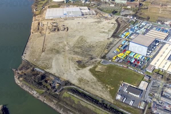 Aerial view, Logport 6, Duisport, near coal-fired power station Steak Walsum, Rhine, Alt-Walsum,