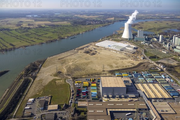 Aerial view, Logport 6, Duisport, near coal-fired power station Steak Walsum, Rhine, Alt-Walsum,