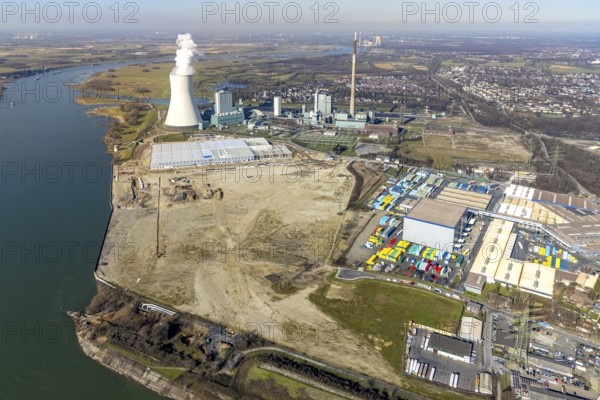 Aerial view, Logport 6, Duisport, near coal-fired power station Steak Walsum, Rhine, Alt-Walsum,