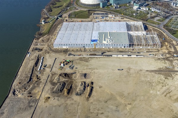 Aerial view, Logport 6, Duisport, near coal-fired power station Steak Walsum, Rhine, Alt-Walsum,