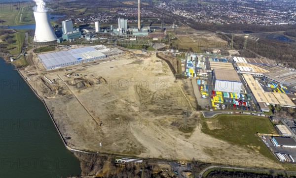 Aerial view, Logport 6, Duisport, near coal-fired power station Steak Walsum, Rhine, Alt-Walsum,