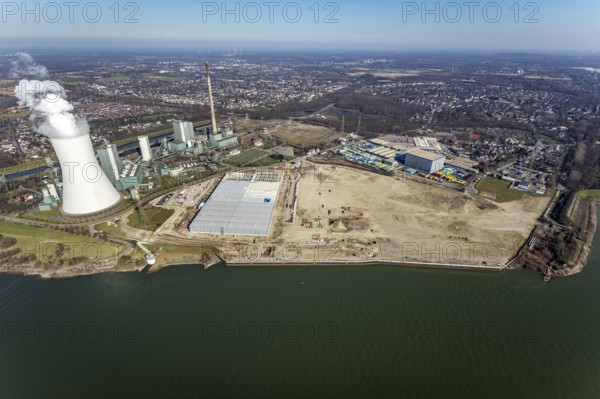 Aerial view, Logport 6, Duisport, near coal-fired power station Steak Walsum, Rhine, Alt-Walsum,