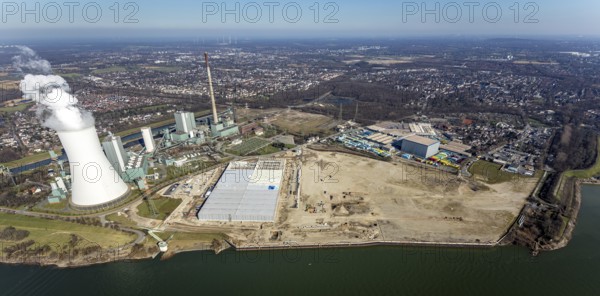 Aerial view, Logport 6, Duisport, near coal-fired power station Steak Walsum, Rhine, Alt-Walsum,