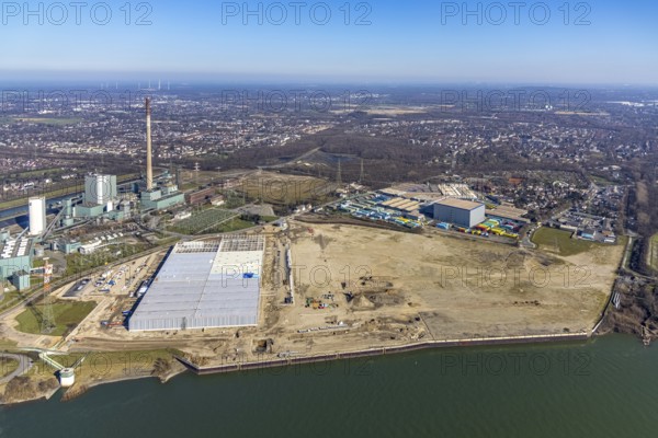 Aerial view, Logport 6, Duisport, near coal-fired power station Steak Walsum, Rhine, Alt-Walsum,