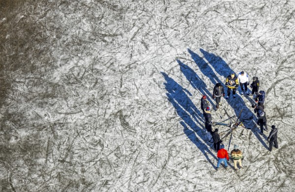 Aerial view, frozen Rhine meadow Ehingen, ice hockey players, Mündelheim, Duisburg, Ruhr area,