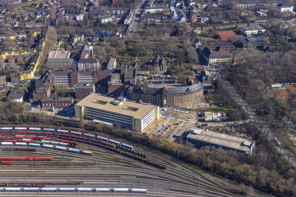 Aerial view, construction site new building and extension of Helios St. Johannes Clinic,
