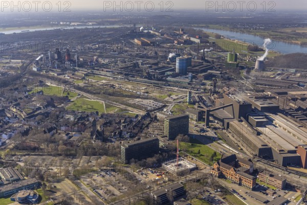 Aerial view, construction site new building on the administration site thyssenkrupp Steel Europe