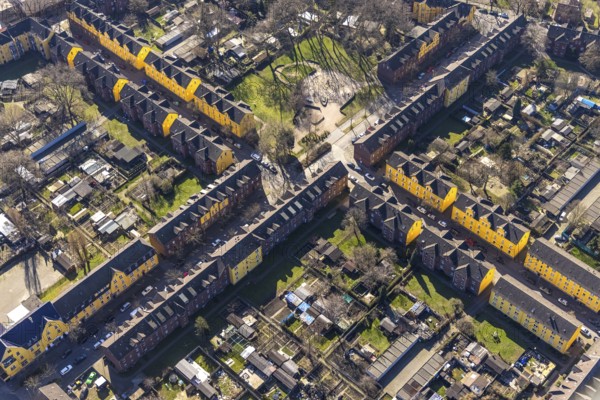 Aerial view, Duisburg Jupp colony, workers' housing estate with terraced houses, Steigerstraße,