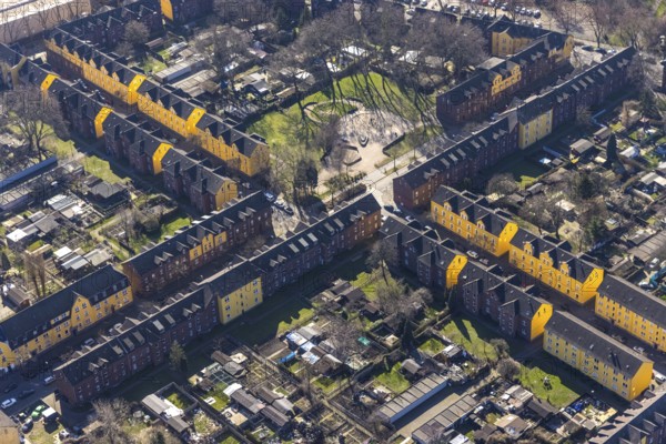Aerial view, Duisburg Jupp colony, workers' housing estate with terraced houses, Steigerstraße,