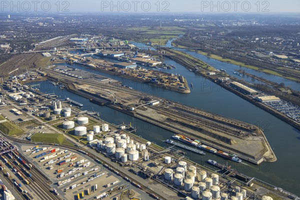 Aerial view, Duisburg harbour, coal island, Duisport, Rhine-Herne Canal, Ruhr, Ruhrort, Duisburg,