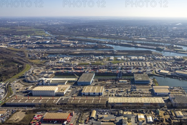 Aerial view, Duisburg harbour, coal island, Duisport, Rhine-Herne Canal, Ruhr, Ruhrort, Duisburg,
