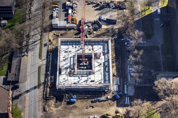 Aerial view, construction site new building on the administration site thyssenkrupp Steel Europe