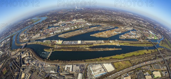 Aerial view, Duisburg harbour, coal island, Duisport, Rhine-Herne Canal, Ruhr, fisheye image,