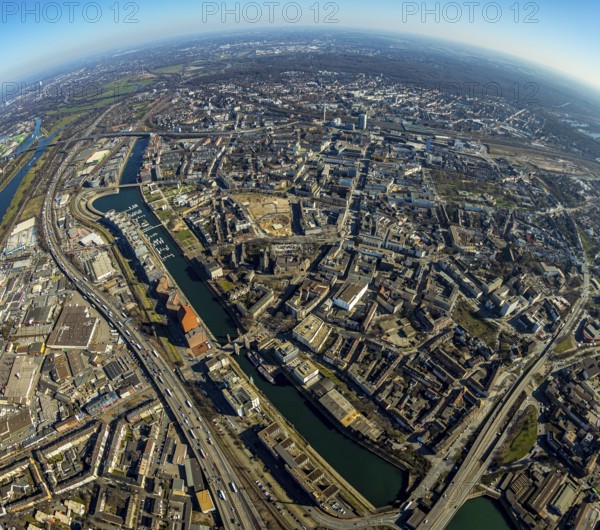 Aerial photo, inner harbour, Schwanentor, fisheye, Duisburg-Mitte, Duisburg town hall, Ruhrort,