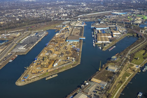 Aerial view, Duisburg harbour, coal island, Duisport, Rhine-Herne Canal, Ruhr, Ruhrort, Duisburg,