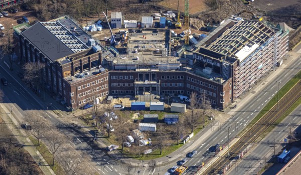 Aerial view, construction site for planned office building, former Hamborn municipal swimming pool,