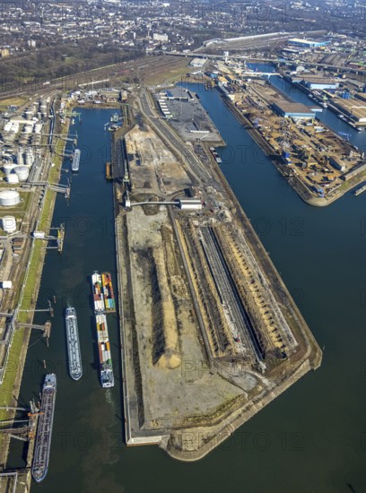 Aerial view, Duisburg harbour, coal island, Duisport, Rhine-Herne Canal, Ruhr, Ruhrort, Duisburg,