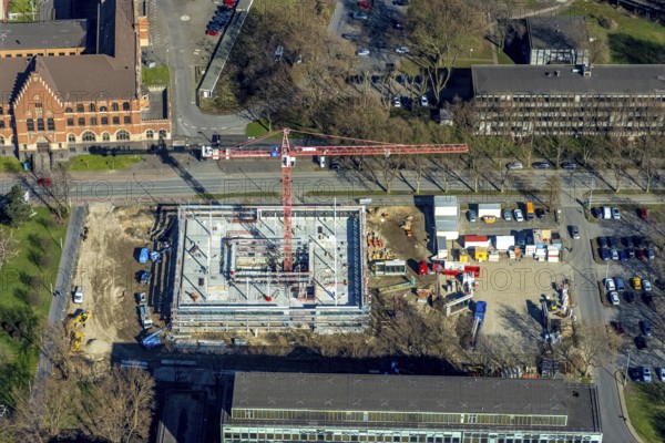 Aerial view, construction site new building on the administration site thyssenkrupp Steel Europe