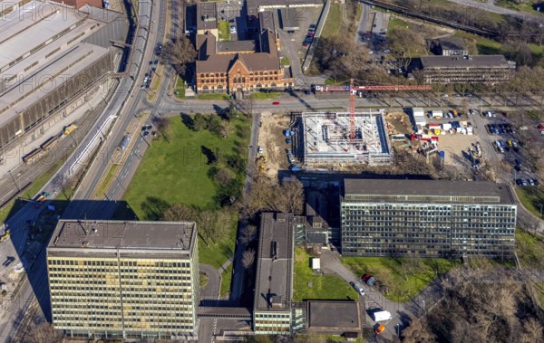 Aerial view, construction site new building on the administration site thyssenkrupp Steel Europe