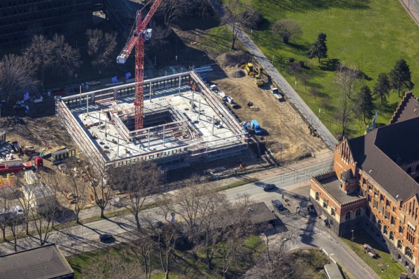 Aerial view, construction site new building on the administration site thyssenkrupp Steel Europe