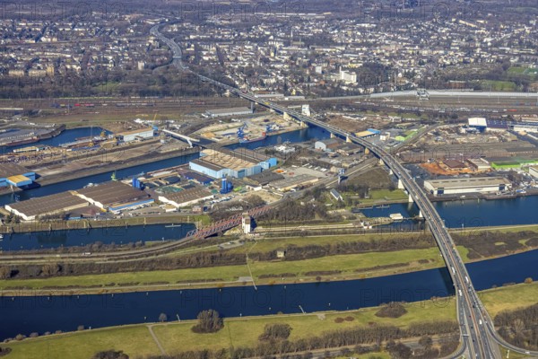 Aerial view, Duisburg harbour, coal island, Duisport, Rhine-Herne Canal, Ruhr, fisheye image,