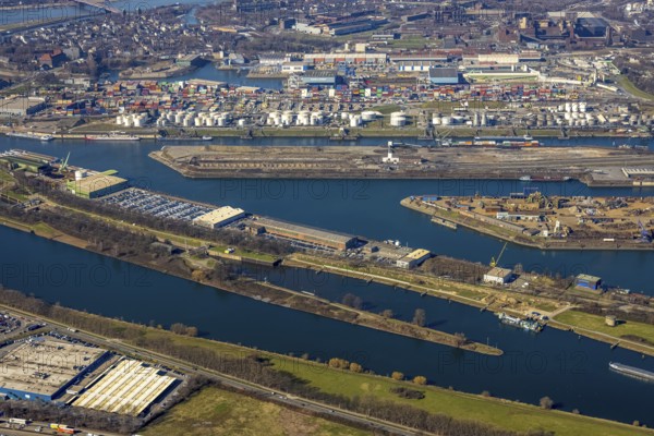 Aerial view, Duisburg harbour, coal island, Duisport, Rhine-Herne Canal, Ruhr, fisheye image,