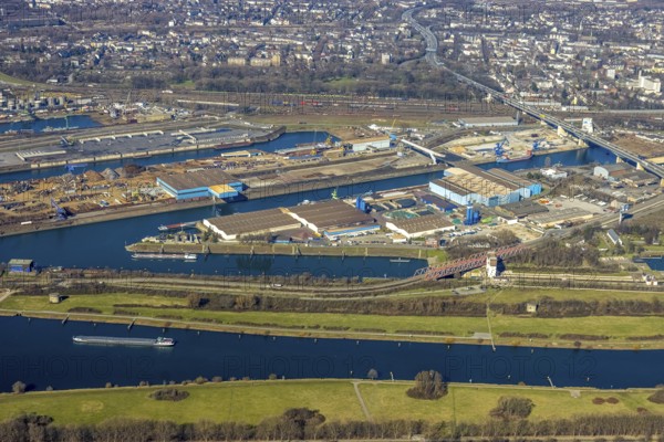 Aerial view, Duisburg harbour, coal island, Duisport, Rhine-Herne Canal, Ruhr, fisheye image,