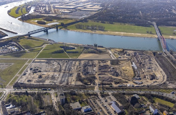 Aerial view, demolition of wire rolling mill for new construction RHEINORT quarter, construction