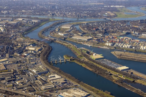 Aerial view, Duisburg harbour, coal island, Duisport, Rhine-Herne Canal, Ruhr, fisheye image,