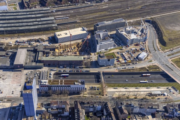 Aerial view, construction site Wuhanstraße Quartier 1, new building Duisburg City Office,