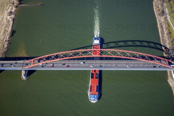 Aerial view, Bridge of Solidarity and container ship on the Rhine, Hochfeld, Duisburg, Ruhr area,